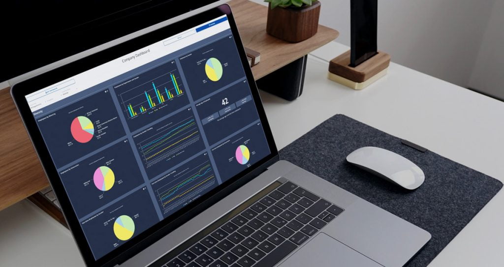 Diversity dashboard with Employee Cycle's HR analytics and data visualization software shown on laptop at a desk in the office