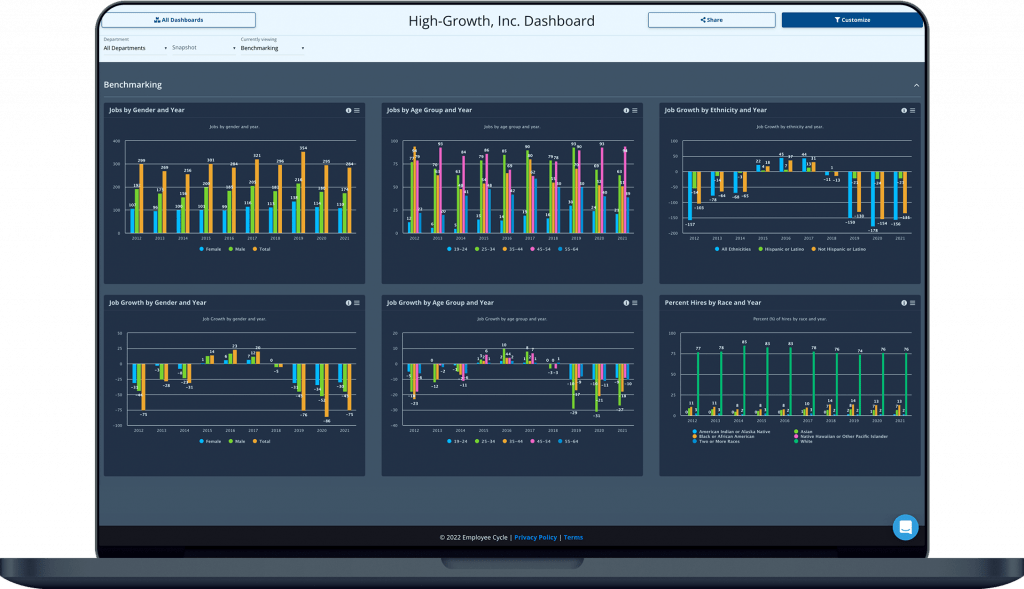 Employee Benchmarking Dashboard with HR Metrics in the Employee Cycle HR Analytics Dashboard - example shown