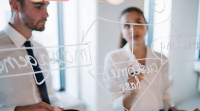 Human resources span of control with photo showing collaborative strategy session on glass with markers