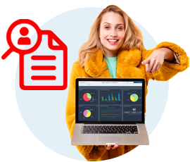 HR Analytics Dashboard shown on Laptop with Reporting and Document icon and with Professional HR Manager acting cool pointing down on laptop showing Employee Cycle's Diversity Dashboard