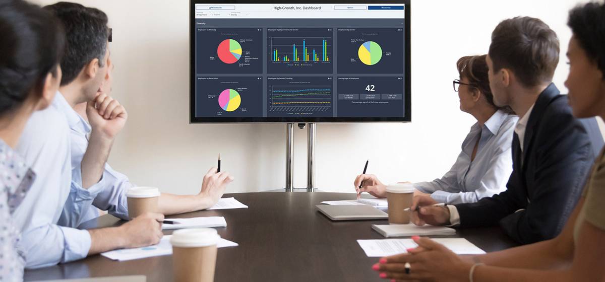 Diversity Dashboard on TV during conference meeting with HR and business leaders